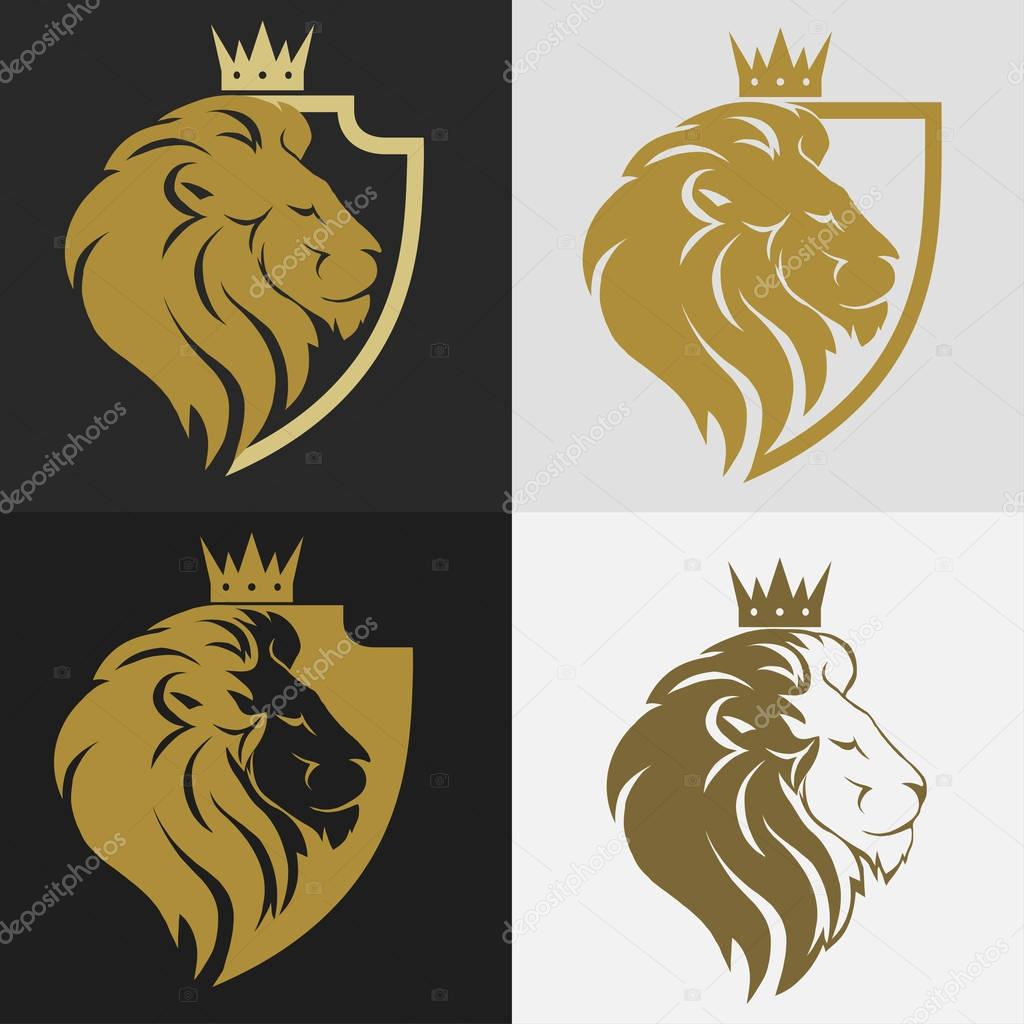Lion head with crown and shield logo, royal cat profile. Golden luxury emblem. Vector