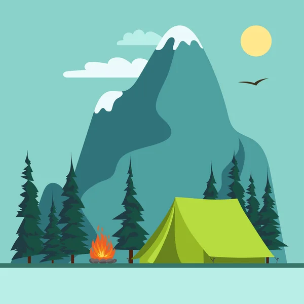 Camping äventyr, bonfire eld och tält, vektor — Stock vektor