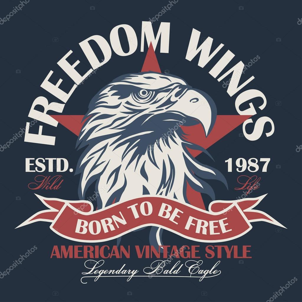 Eagle head logo for t-shirt, Hawk mascot Sport wear typography emblem graphic, athletic apparel stamp. Portrait of a bald eagle. Vector