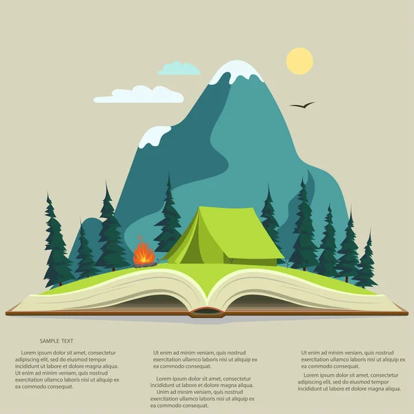 開いた本の自然。キャンプのグラフィック、屋外旅行イラスト — ストックベクタ