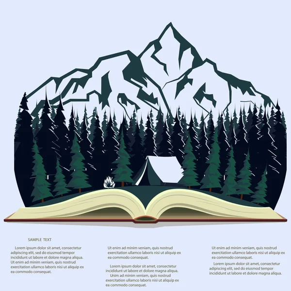 Natureza em livro aberto. gráficos de acampamento, ilustração viajando ao ar livre —  Vetores de Stock