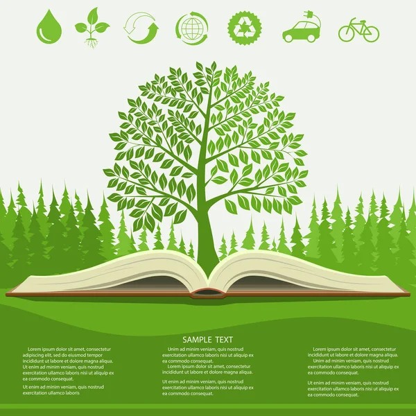 Informações ecológicas gráficos design moderno, árvore verde e livro aberto — Vetor de Stock