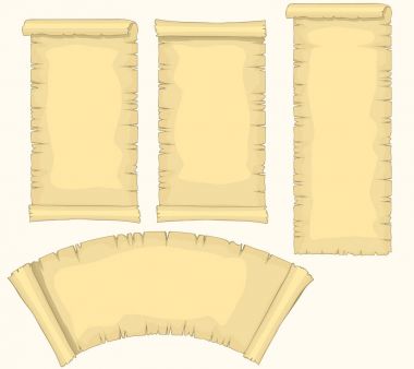Papirüs verilirse Set, yaşlı boş kağıt kaydırma, sarımsı ortaçağ el yazması, diploma veya sertifika şablonu