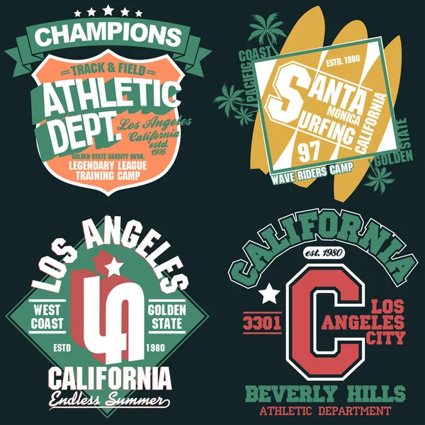 Conjunto de gráficos de camiseta de California, emblema de tipografía de desgaste deportivo — Vector de stock