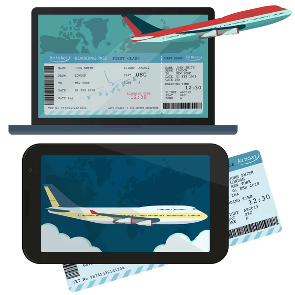 Online beställning och bokning av flygbiljetter. Vektor — Stock vektor