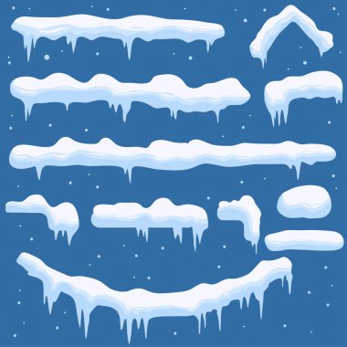 Snowdrifts, buz sarkıtları, buzullar seti, Snowcap ve kar taneleri. vektör