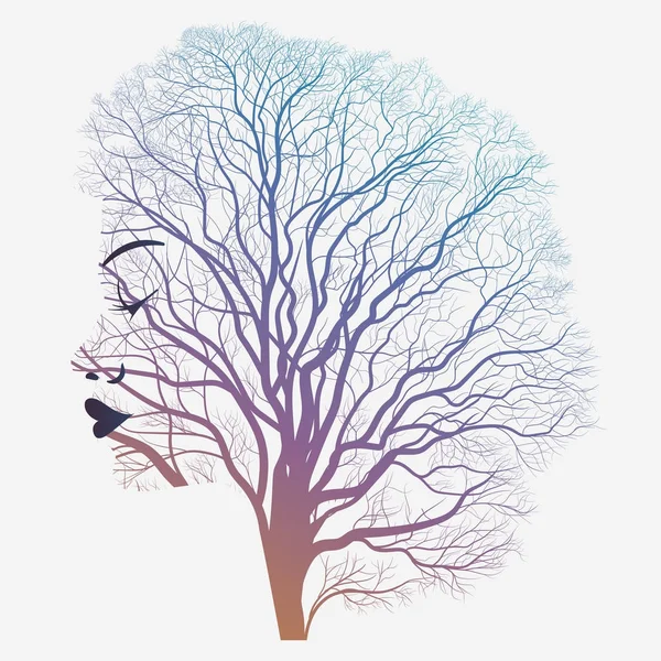 Retrato de mujer con doble exposición, cara y ramas de árbol. Vector — Archivo Imágenes Vectoriales