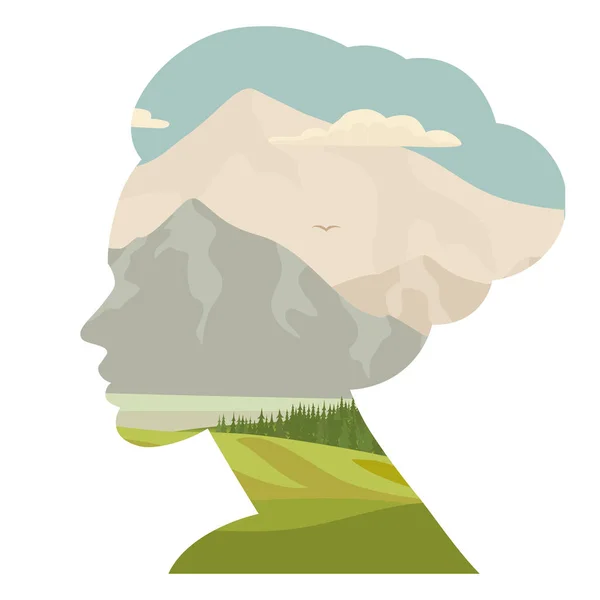 Frau und Natur, Doppelbelichtung, Gesichtssilhouette mit Wald, Himmel, felsigem Berg. Vektor — Stockvektor