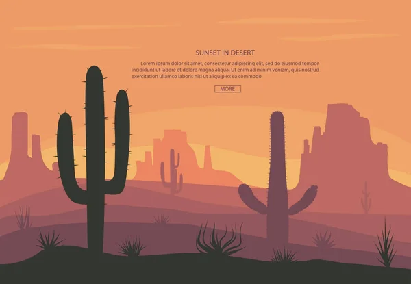Cactuse και τα βουνά στην έρημο τοπίο, ηλιοβασίλεμα το κανόνι, η σκηνή φόντου με πέτρες και άμμο. — Διανυσματικό Αρχείο