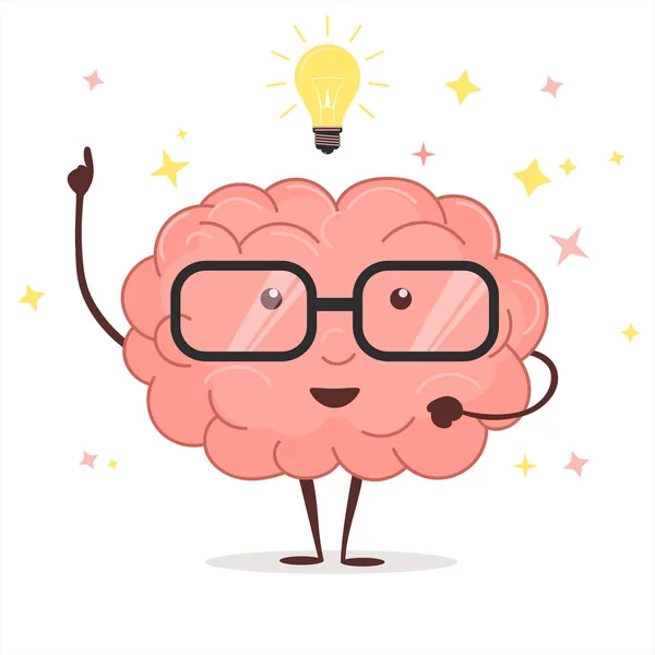 Cerebro con gafas y bombilla idea. vector — Vector de stock