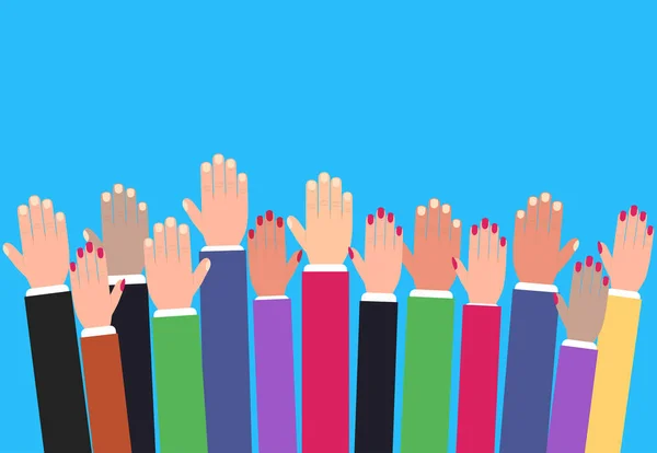 Handen omhoog, verhoogde kleurrijke armen te verhogen, vrijwilligerswerk vector — Stockvector