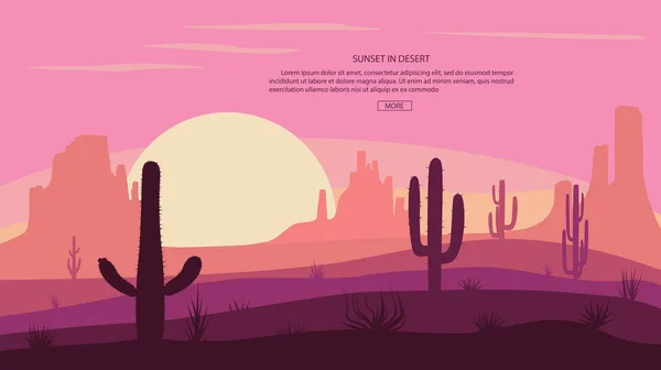 Paesaggio desertico Cactuse e montagne, tramonto in cannone, Scena di fondo con pietre e sabbia. Vettore — Vettoriale Stock