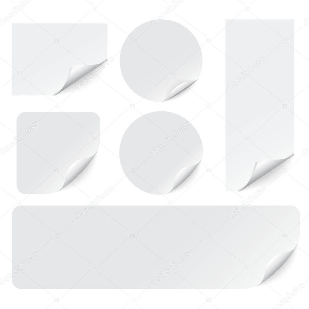 Paper stickers with curled corners on white background. Vector