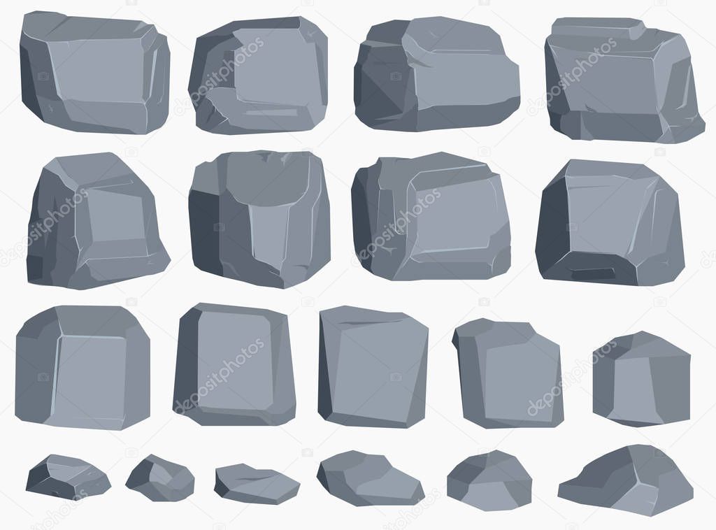 Rock stone cartoon in flat style. Set of different boulders