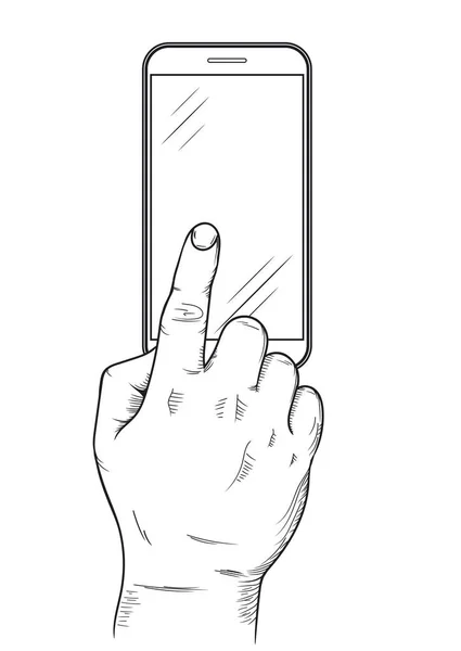 Mobiele telefoon display met de hand, vinger touchscreen, Druk op de knop, bovenaanzicht. Vector — Stockvector