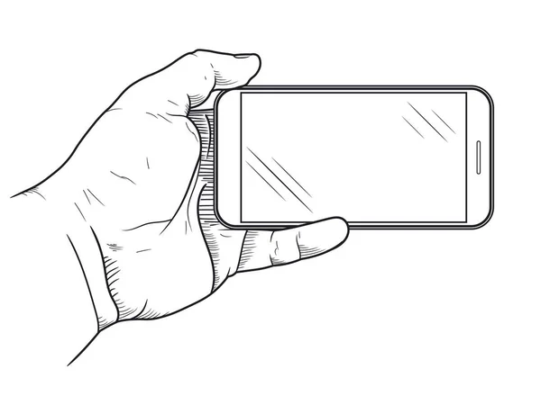 Teléfono móvil en la mano vista frontal. Bosquejo de la mano sosteniendo teléfono inteligente vacío. Vector — Archivo Imágenes Vectoriales