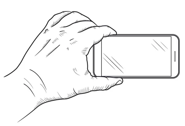 Teléfono móvil en la mano vista frontal. Bosquejo de la mano sosteniendo teléfono inteligente vacío. Vector — Archivo Imágenes Vectoriales