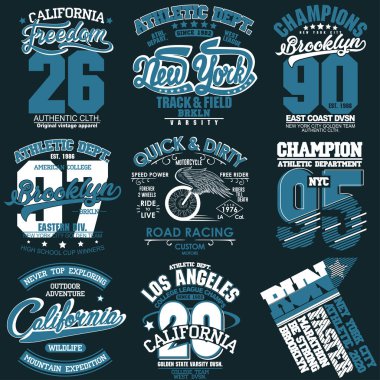 Tişört pulu grafiksel set. Spor giysisi tipografi amblemi
