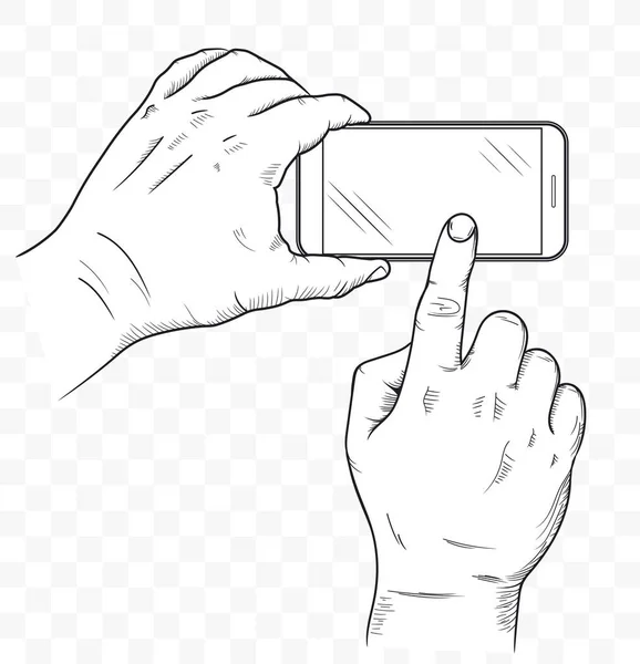 Mobiele telefoon in handen vooraanzicht. Schets van de hand met lege smartphone. Vector — Stockvector