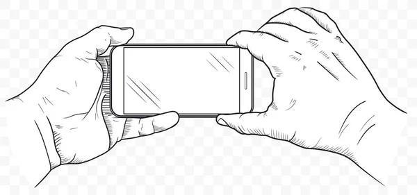 Mobiele telefoon in handen vooraanzicht. Schets van de hand met lege smartphone. Vector — Stockvector