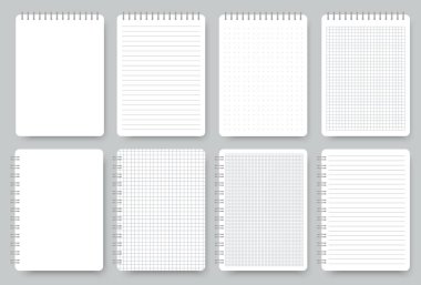 Defter sayfası seti, not defteri çizgili ve noktalı kağıt. Çizgili not kağıdı dokusu. Vektör
