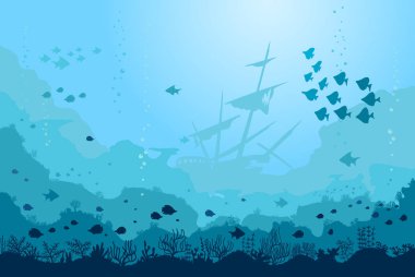 Ocean Underwater Background with Fishes and sunken ship, Sea plants and Reefs. Vector
