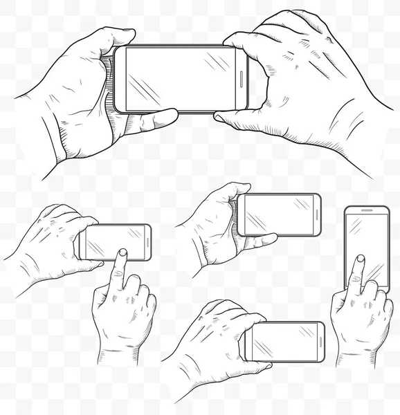 Teléfono móvil en las manos vista frontal. Bosquejo de la mano sosteniendo teléfono inteligente vacío. Vector — Vector de stock