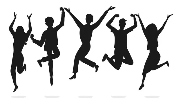 Ευτυχισμένοι εργαζόμενοι των επιχειρήσεων άλμα Σιλουέτες γιορτάζει την επιτυχία επίτευγμα. Υπάλληλος γραφείου έτοιμος. Διάνυσμα — Διανυσματικό Αρχείο
