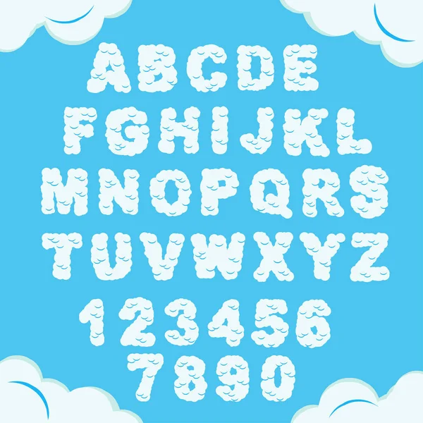 Wolkenschrift. Sky Alphabet. Bewölkt pummelige Buchstaben und Zahlen. Himmlisch flauschige Schrift. Vektor — Stockvektor