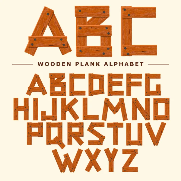 Holzschrift, Tischalphabet aus Plankenholz. Alte Bretter mit Nägeln. Vektor im Cartoonstil — Stockvektor