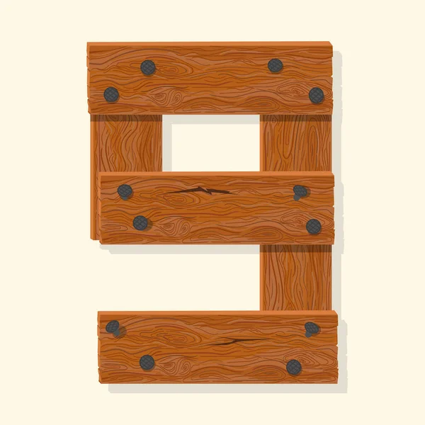 Número de madera, fuente numérica de tablón de madera sostenida con clavos. Vector — Archivo Imágenes Vectoriales