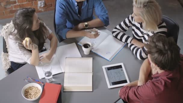 Groep jongeren werken op project in moderne loft appartement. — Stockvideo