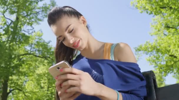 Porträt einer lächelnden schönen Frau, die im sonnigen Park auf ihrem Handy SMS schreibt. — Stockvideo