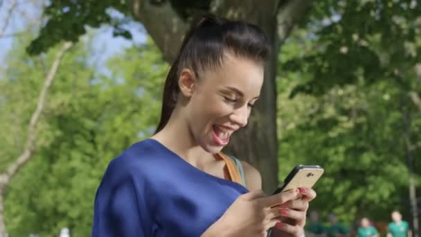 Porträt einer lächelnden schönen Frau, die im sonnigen Park auf ihrem Handy SMS schreibt. — Stockvideo