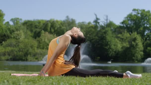 Young woman stretching in a park. — Stock Video