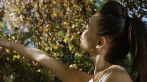 Vrouwelijke hand rasing aan zon door herfst bomen. — Stockvideo