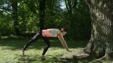 Pratik Yoga güneşli park ve amut ağacının yanındaki güzel genç kadın.