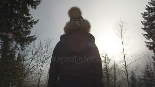 Jovem mulher desfrutando de vista em uma floresta de montanha de inverno. Vista traseira . — Vídeo de Stock