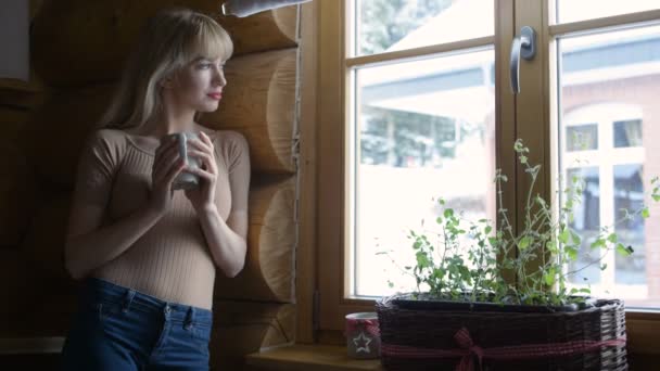 Beautiful young pensive woman holding cup of hot tea and standing by the window. — Stock Video