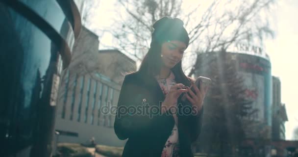 Portrait of young African American woman using phone, outdoors. — Stock Video