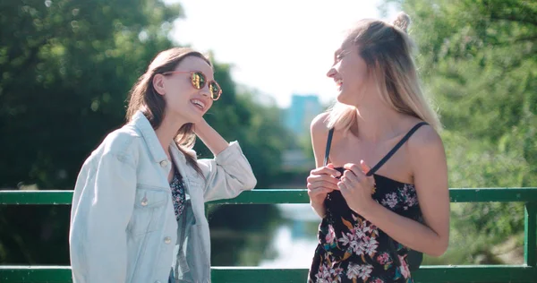 Retrato de dos chicas felices discutiendo las últimas noticias de chismes . — Foto de Stock