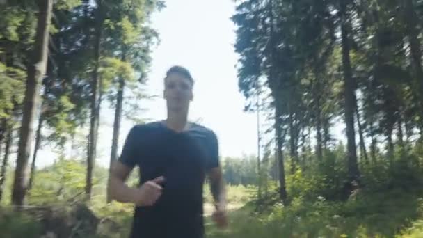 Bell'uomo che corre in una foresta durante la giornata di sole . — Video Stock