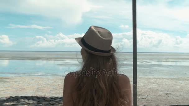 Rear View Young Girl Standing Sea Pretty Girl Long Hair — Stock Video