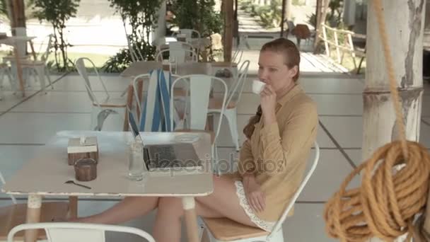 Beautiful Woman Drinking Espresso Restaurant While Working Laptop Woman Having — Stock Video