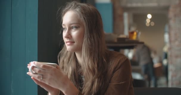 Schöne Nachdenkliche Frau Beim Kaffee Café — Stockvideo