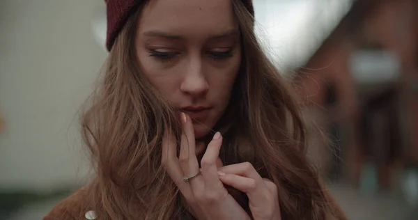 Beautiful Sad Anxious Woman City — Stock Photo, Image