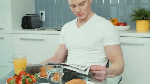 Portrait Handsome Man Reading Newspaper Breakfast Table Man Reading His — Stock Video