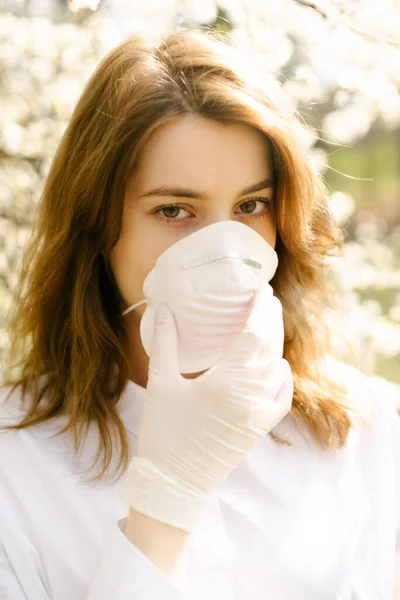 Young Student Wearing Antibacterial Mask Standing Park Flowers — Stock Photo, Image