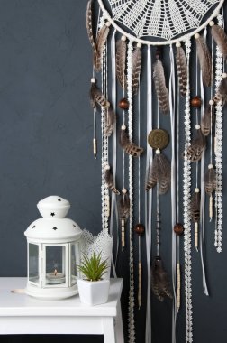 Krem tığ işi bardak altlığı peçete rüya yakalayıcı 