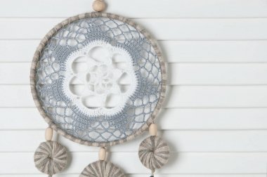 Gri beyaz tığ işi bardak altlığı peçete rüya yakalayıcı 